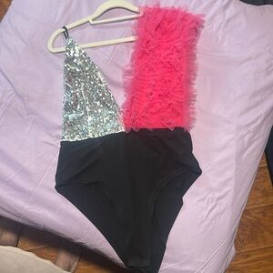 Sequin and pink ruffle bodysuit